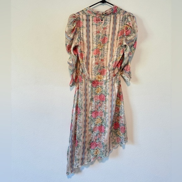 Anna Sui Whisper Rose Floral Striped Asymmetrical Puff Sleeves Cream Dress 6 - Picture 9 of 16